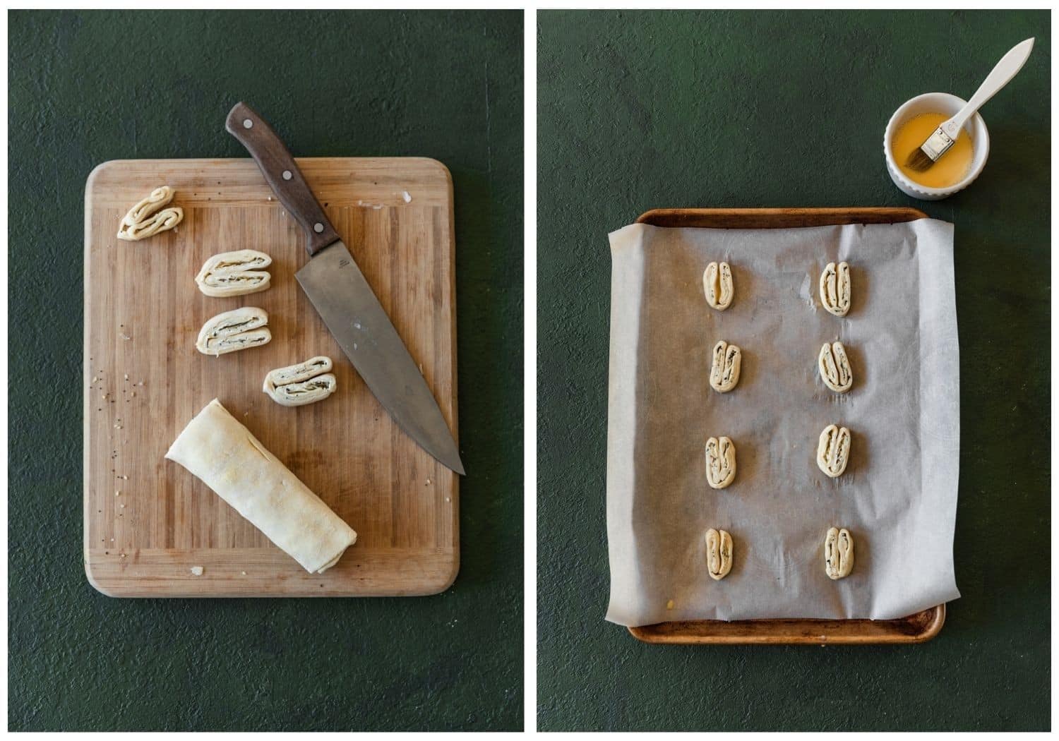 Two overhead images; on the left, sliced palmiers are placed on a wood board with a knife on a green table. On the right, the slices are arranged on a sheet pan next to a bowl of egg wash.