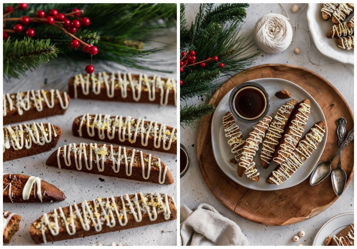 Two images; on the left, a closeup of rows of gingerbread biscotti on a grey table with pine needles and red holiday berries in the back. On the right, a closeup of a white plate with biscotti on a wood tray next to pine needles, a beige linen, a white plate of cookies, and a cup of coffee on a white speckled counter.