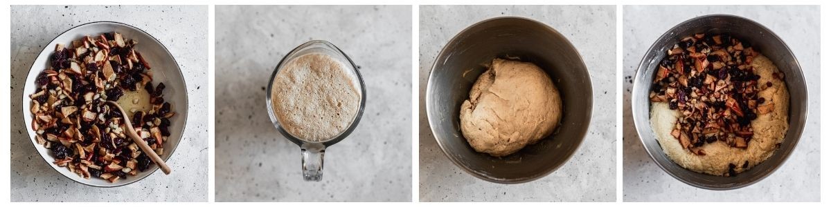 Four overhead images; on the left, a white bowl filled with dry fruit and nuts on a white counter. In the center left, a measuring cup with activated yeast. In the middle right, a bowl filled with dough. On the right, the dough is topped with the fruit-nut mixture.