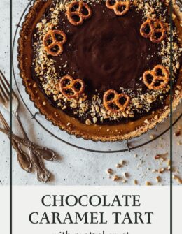 A closeup overhead image of a chocolate caramel tart with pretzels and peanuts on a white counter.