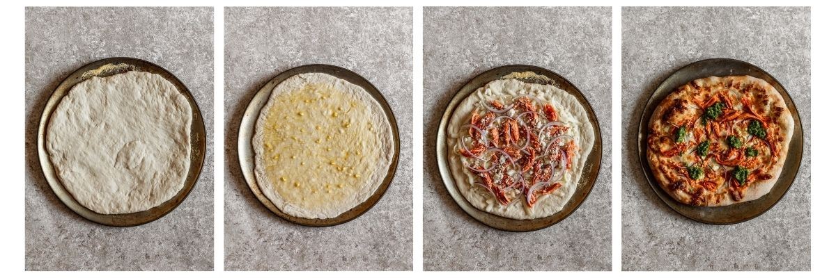Four overhead images; on the far left, a metal pan with pizza dough on a tan table. In the middle left, the dough has oil and garlic on top. In the middle right, the dough is topped with various ingredients. On the far left, a baked Buffalo chicken pizza.