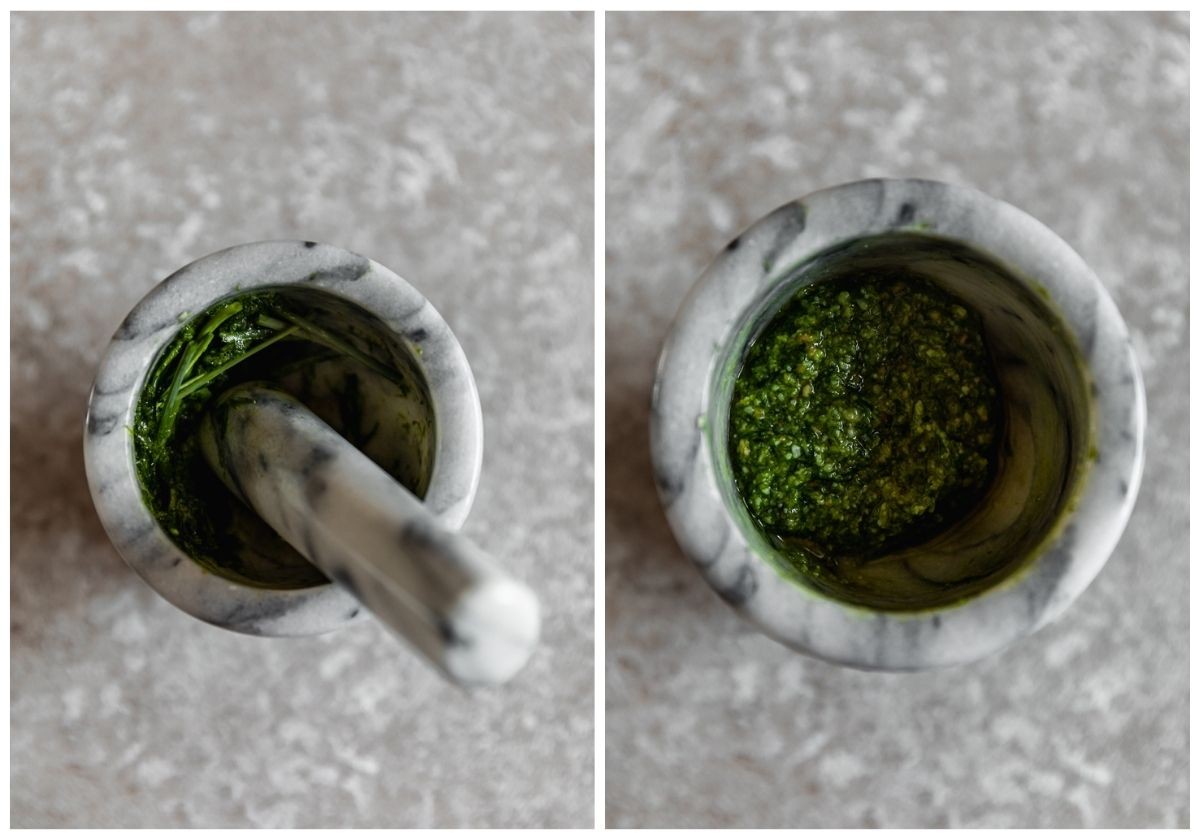 Two overhead images with a tan speckled background; on the left a marble mortar and pestle grinding chives. On the right, the mortar is filled with pesto.
