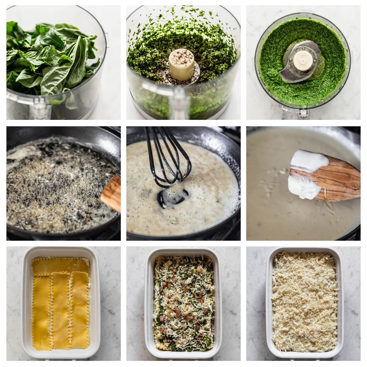 Nine images; on the upper left, a photo of basil in a food processor, in the middle top, basil chopped up in a food processor, and on the right, an overhead shot of pesto in a food processor on a marble counter. In the middle row, a side image of butter and shallots cooking in a pan. In the middle, roux being whisked in a black pan. On the right, bechamel sauce with a wood spoon. On the bottom row, an overhead photo of noodles layered in a cream-colored casserole dish. In the middle, the noodles are layered with cheese, pesto, and pancetta. On the right, the pasta is assembled and topped with cheese.