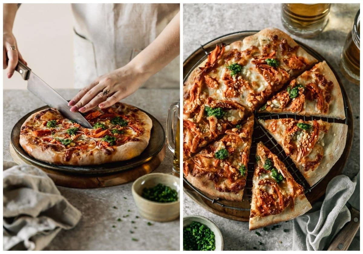 Two images; on the left, a woman wearing a tan apron is slicing into a pizza on a metal tray placed on a tan counter next to a white bowl of chives and a mug of beer. On the right, a closeup overhead picture of the sliced pizza next to a tan linen and mugs of beer.