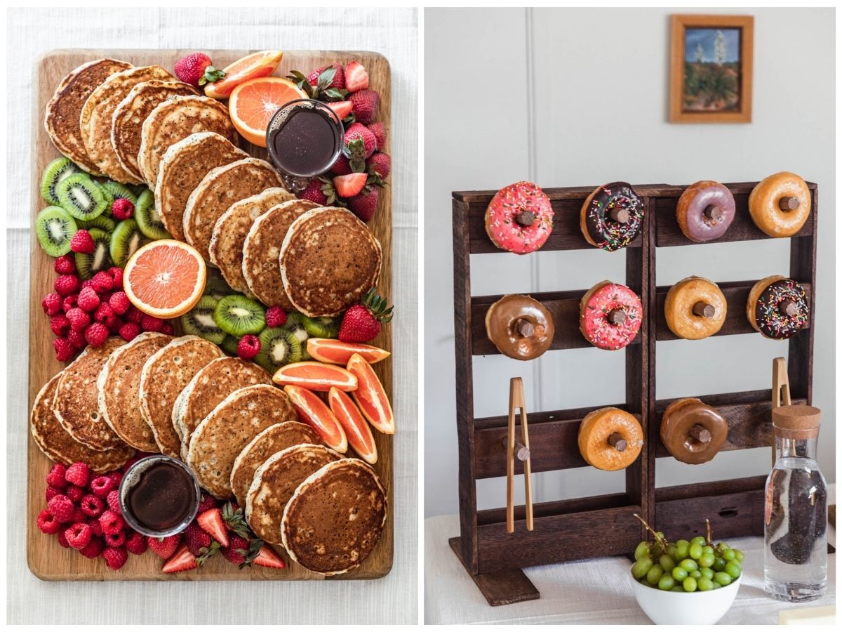 Two images; one overhead of a pancake board with fresh fruit on a white table cloth. On the right, an image of a donut board in front of a white wall.