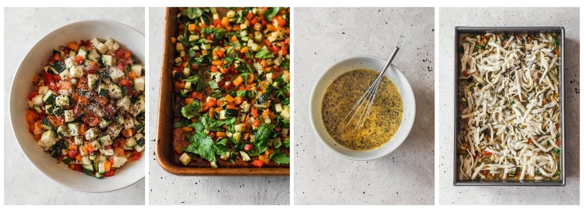 Four overhead images; on the left, a white bowl of chopped veggies. In the middle left, roasted veggies on a gold sheet pan. In the middle right, a white bowl of whisked eggs. On the right, a pre-baked assembled breakfast bake.