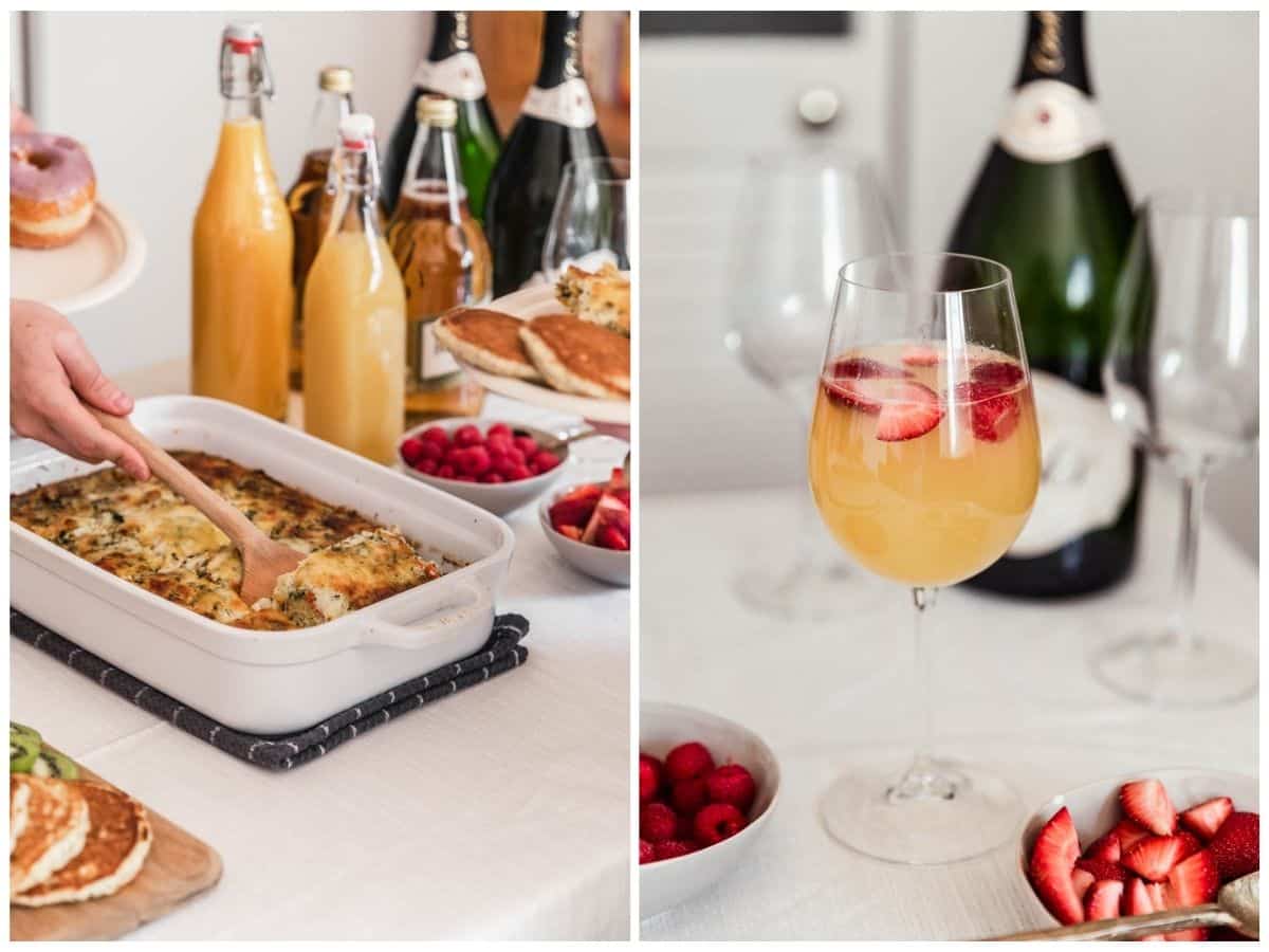 Two images; on the left, a woman is scooping breakfast casserole out of a white dish. There are bottles of champagne and orange juice in the background. On the right, a mimosa with strawberries on a white table with wine glasses and champagne in the back.