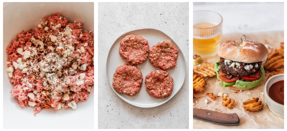 Three images; on the left, ground beef in a white bowl with spices. In the middle, beef patties on a white plate. On the right, an assembled burger on brown parchment next to waffle fries and a glass of beer.