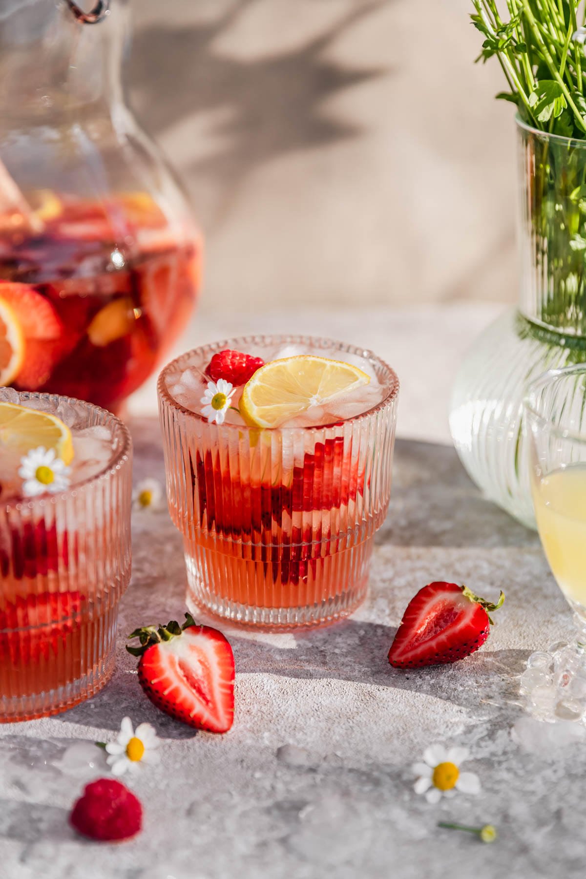 Pool party with sangria pitcher, fruit cocktails and refreshments