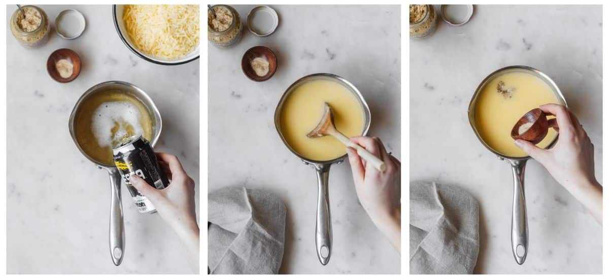 Three overhead images of a metal pot on a marble counter; on the left, a woman is pouring beer into the pot. In the middle, she's stirring cheese. On the right, she's pouring spices into the cheese.