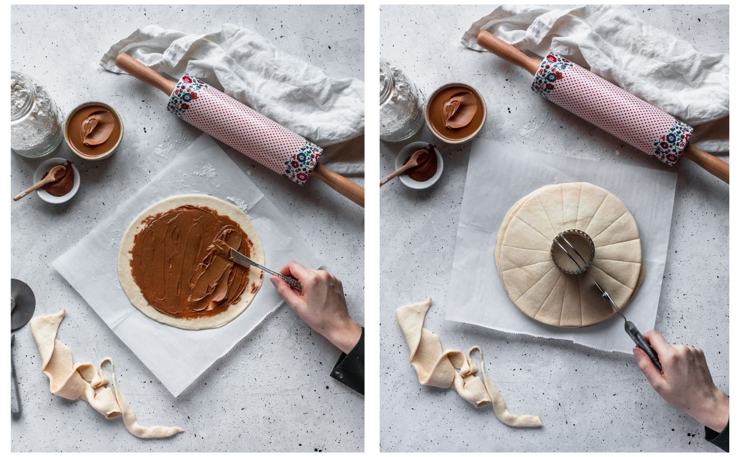 Two images; on the right, a woman spreading cookie butter on dough next to a rolling pin, baking ingredients, and a white napkin. On the right, the woman is cutting the dough with a pizza cutter.