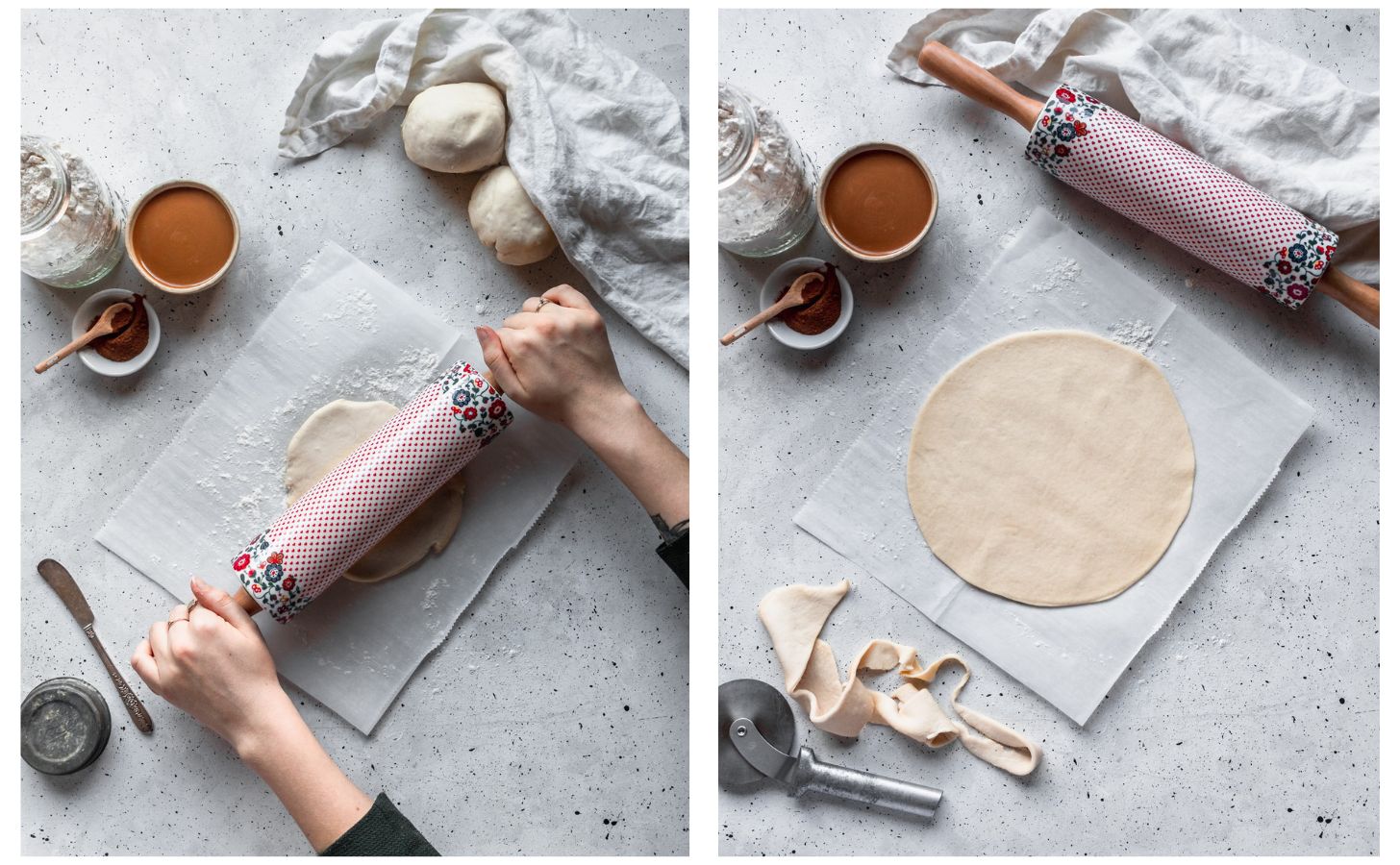 Two photos; on the left, a woman's hands rolling dough on a white counter next to a white linen, bowl of cinnamon, and bowl of cookie butter. On the right, the dough is cut into a round.