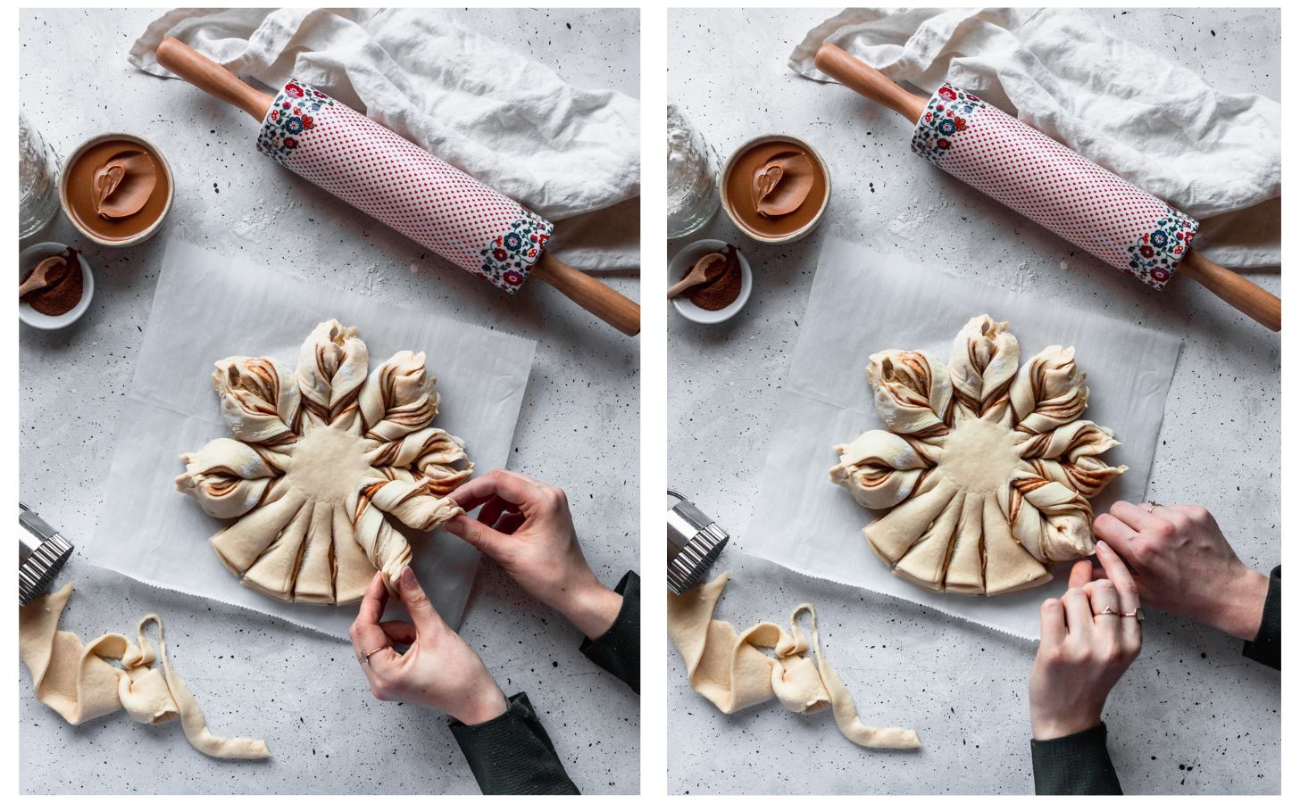 Two images; on the left, a woman twisting cookie butter cinnamon star bread on a speckled grey counter next to a rolling pin, dough scraps, and baking ingredients. On the right, the woman is sealing the star bread.