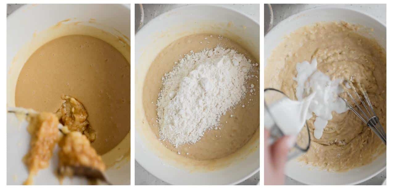 Three steps to mixing batter. In photo 1, a spoon is adding mashed bananas to batter. In photo 2. a white bowl of batter has flour on top. In photo 3, a hand is pouring a cup of milk in a white bowl of batter.