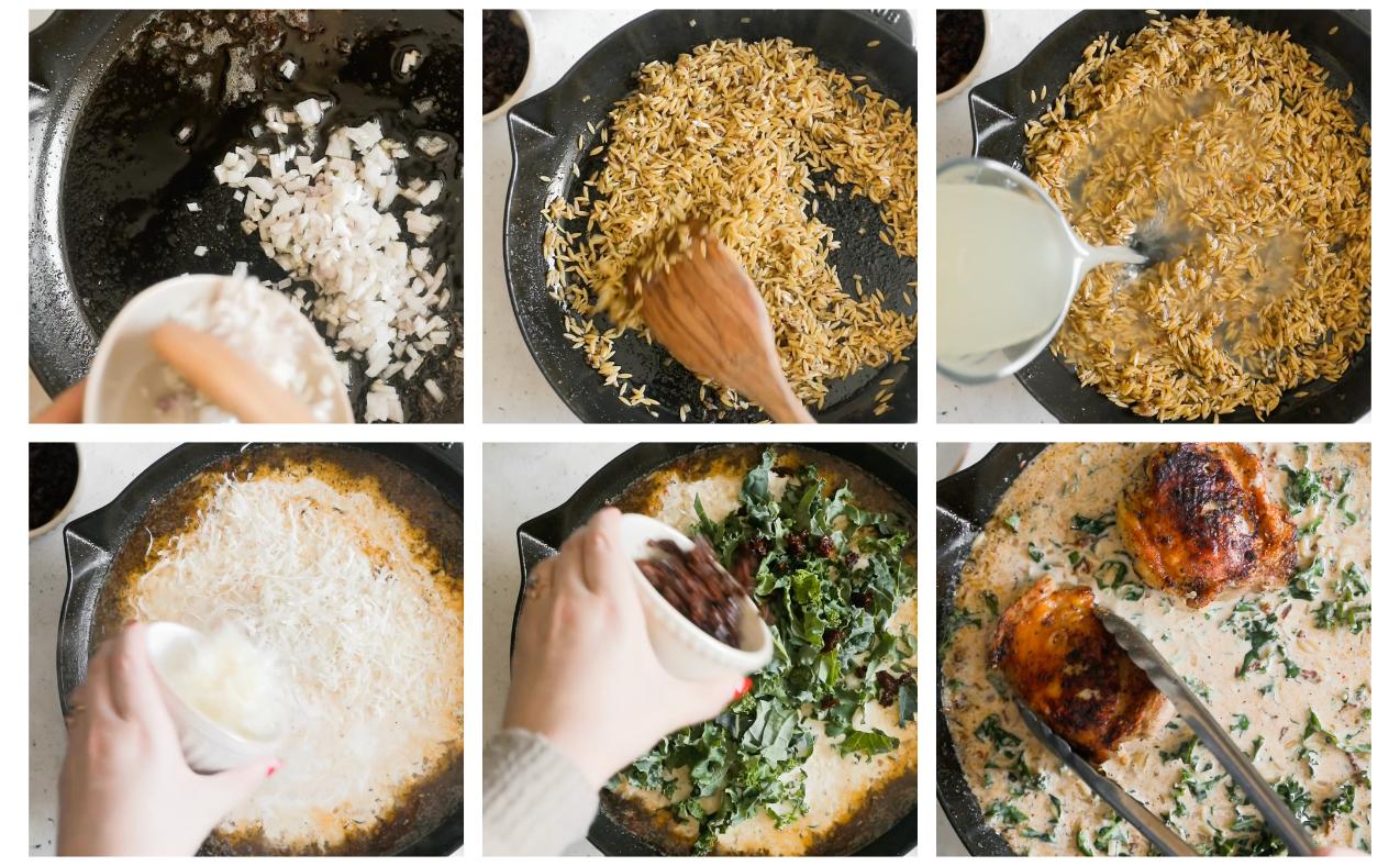 Six steps to making a creamy Tuscan chicken and orzo skillet. In photo 1, shallots are in a black pan. In photo 2, a wood spoon is stirring orzo in a black pan. In photo 3, chicken broth is being poured into the skillet. In photo 4, a hand is pouring parmesan in the skillet. In photo 5, a hand is pouring sun-dried tomatoes in the skillet. In photo 6, tongs are placing chicken in the skillet.