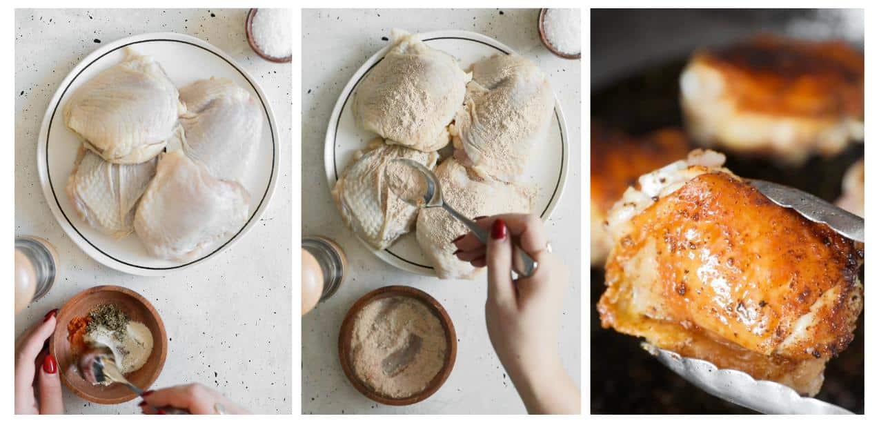 Three steps to searing chicken. In photo 1, hands are mixing spices in a wood bowl next to a white plate of chicken on a white counter. In photo 2, a hand is sprinkling seasoning over chicken. In photo 3, tongs are holding seared chicken in front of a pan.