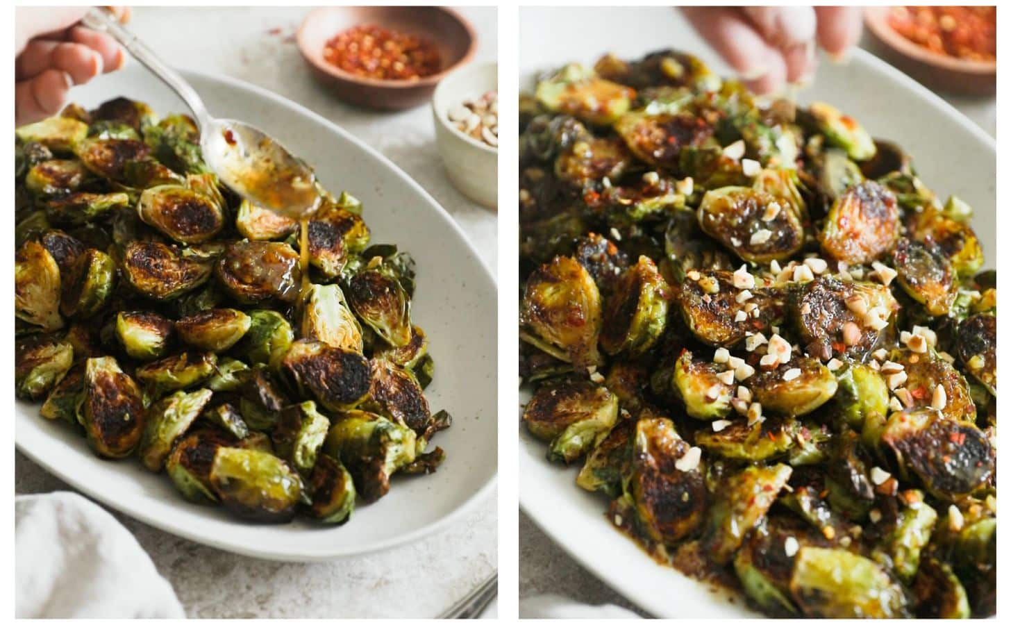 Two images; in the first, a hand is pouring hot honey glaze over roasted Brussels sprouts on a white platter. In the second, a hand is sprinkling hazelnuts over the sprouts.