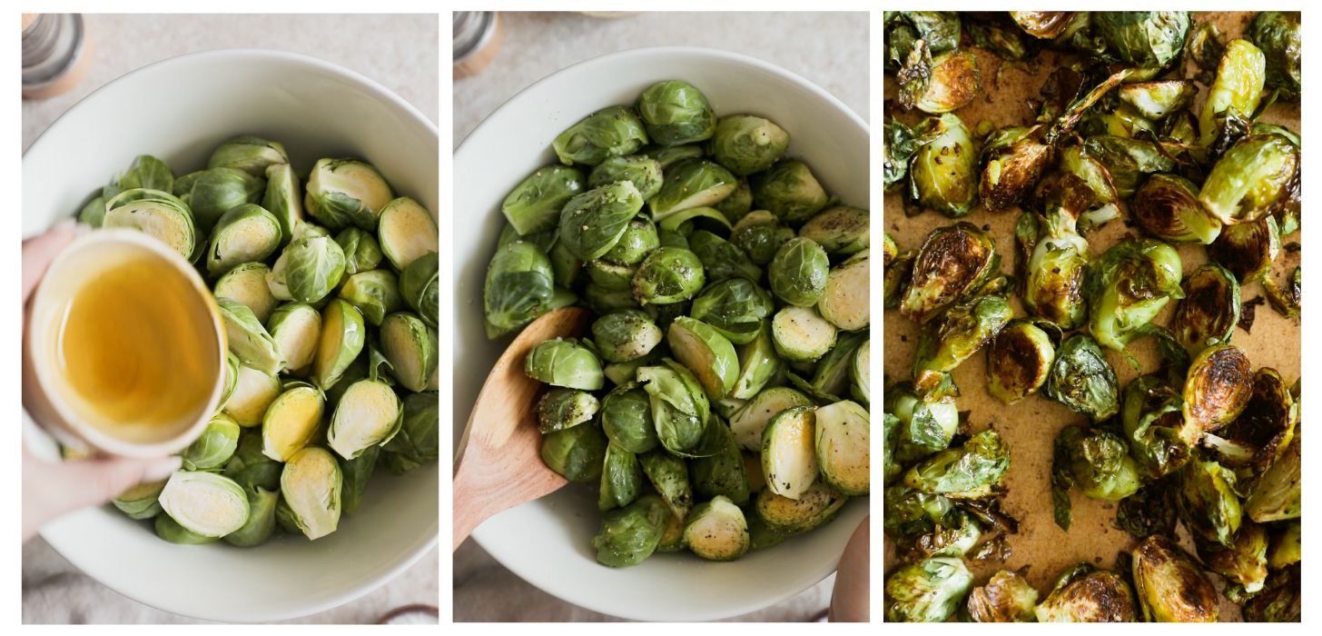 Three images - the first is someone pouring olive oil over sprouts. The second is someone tossing the sprouts with salt and pepper. The third is crispy sprouts on a sheet pan.