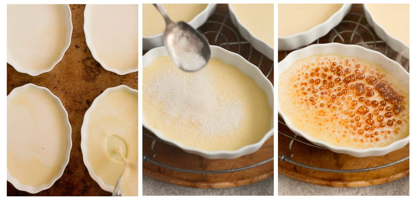 Three images; the first is someone pouring custard into ramekins. The second is a spoon sprinkling sugar on custard. The third is the sugar being caramelized with a torch.