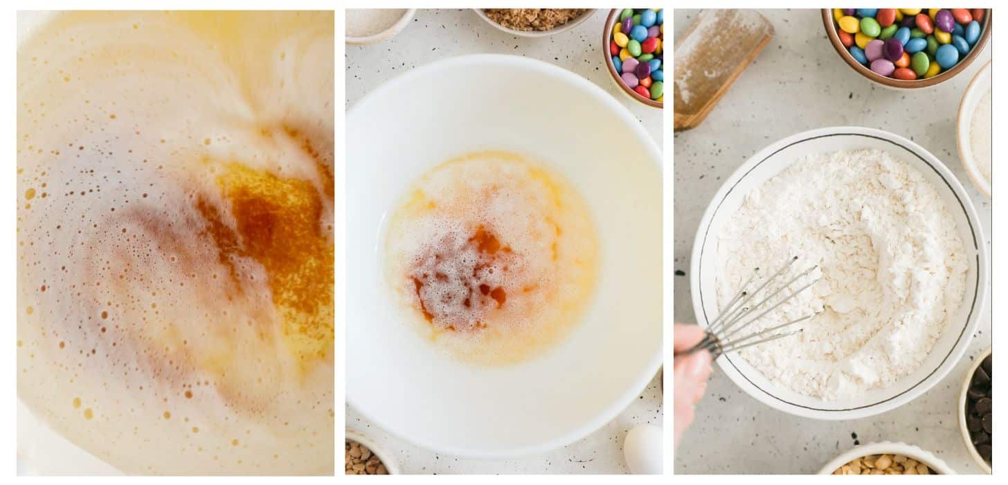 Three images; the first is brown butter in a white pan. The second is brown butter in a brown bowl next to a white bowl of rainbow chocolate candies on a white counter. In the third photo, a hand is whisking flour in a white bowl.