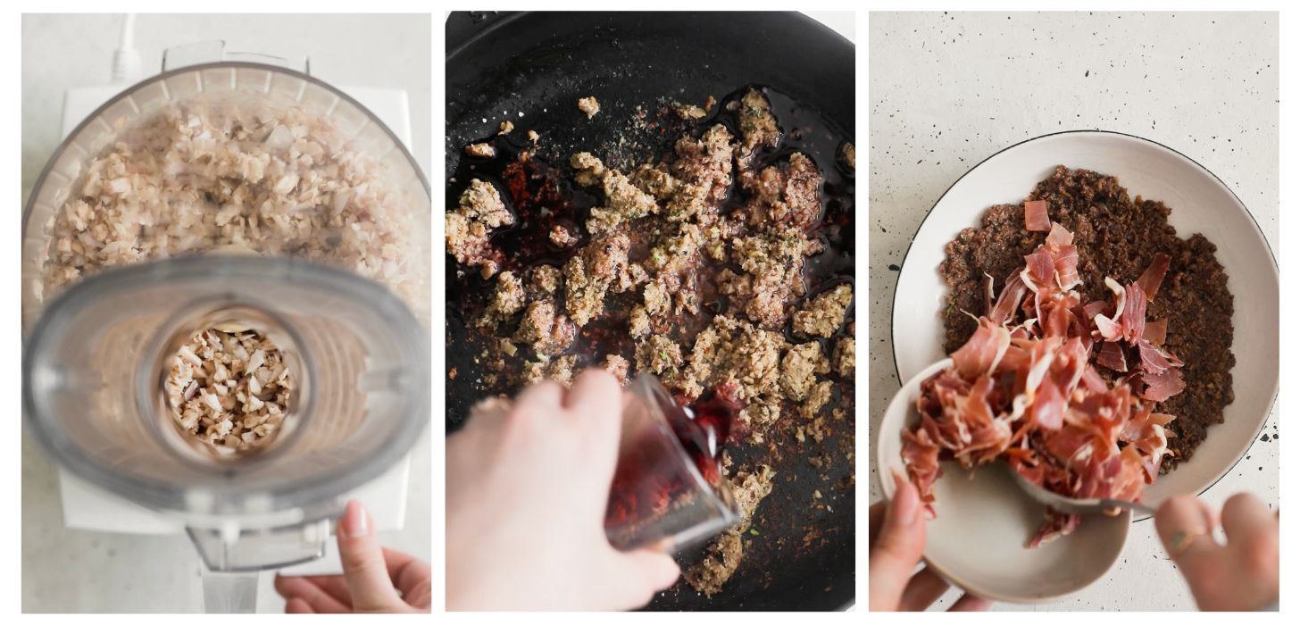 Three steps to making duxelles; in the first photo, a food processor is filled with mushrooms and shallots on a white counter. In the second, a hand is pouring wine into a black pan of duxelles. In the third, a hand is mixing prosciutto into a white bowl of duxelles on a white table.