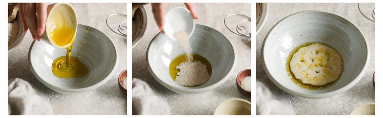 Three steps to activating yeast; in the first, a hand pouring olive oil in a grey bowl on a beige counter next to a wood bowl of salt. In the second, the hand is pouring active dry yeast into the bowl. In the third, the bowl has puffy activated yeast in it.