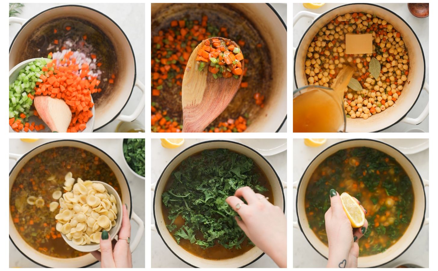 Six images to making garbanzo bean soup. In photo 1, a wood spoon is spooning carrots, celery, and shallots into a white pot. In photo 2, the spoon has sauteed mirepoix on it. In the third photo, veggie broth is being poured in a white pot of chickpeas and veggies. In photo 4, a hand is pouring pasta into the pot. In photo 5, a hand is placing kale into the soup. In photo 6, a hand is squeezing a lemon into the soup.