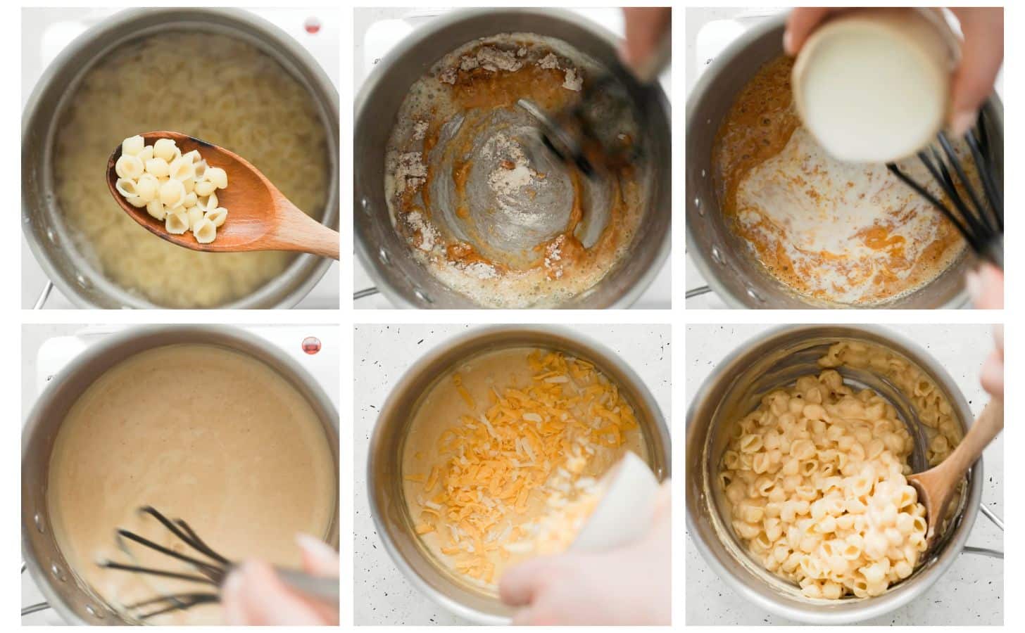 Six steps to making mac and cheese; in photo 1, a wood spoon is holding cooked pasta over a pot. In photo 2, a hand is whisking roux. In photo 3, a hand is pouring milk into the roux. In photo 4, a hand is whisking bechamel sauce. In photo 5, a hand is pouring cheese into the pot. In photo 6, a hand is mixing pasta into the cheese sauce.