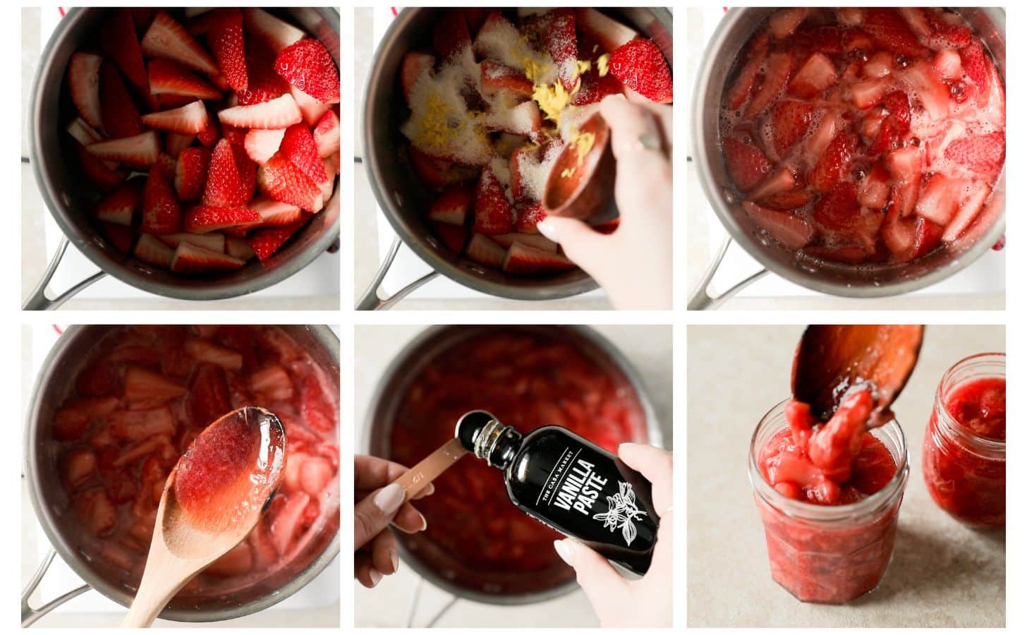 Six steps to making compote; photo 1 is strawberries in a pot. In photo 2, a hand pours sugar and lemon zest into the berries. In photo 3, the berries are boiling. Photo 4 is a wood spoon with thick, red liquid. Photo 5 has hands pouring vanilla bean paste into the berries. In photo 6, a spoon is pouring the berries into jars on a tan counter.