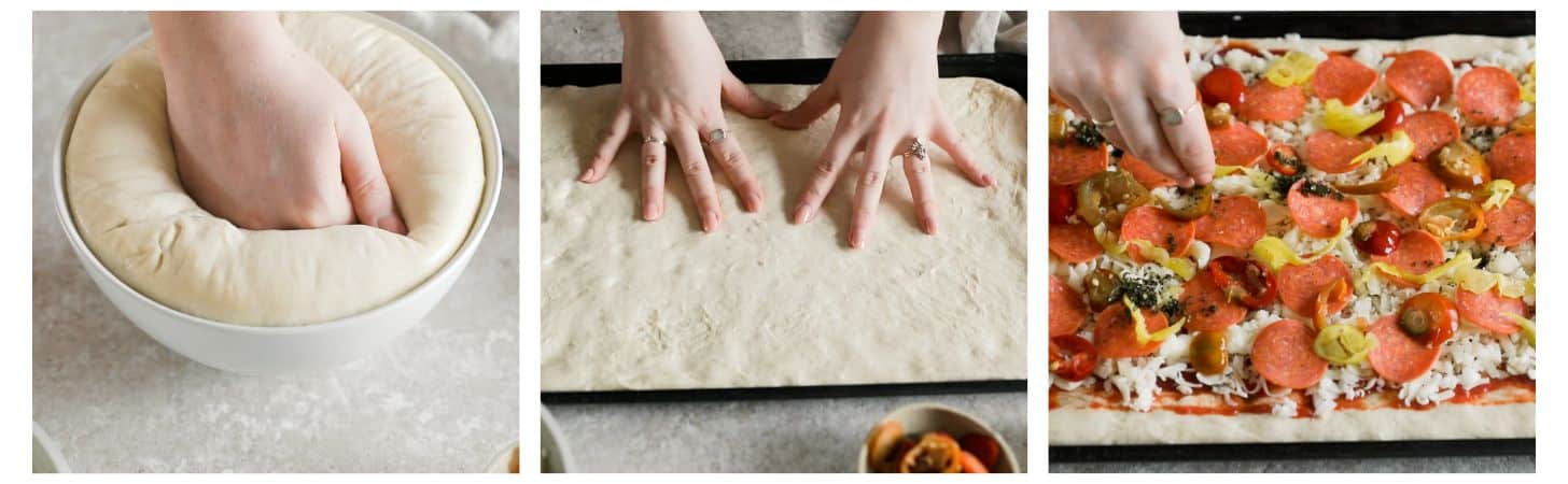 Three steps to assembling homemade pizza. In photo 1, a hand is punching dough in a white bowl. In photo 2, hands are spreading pizza dough into a sheet pan. In photo 3, a hand is putting pepperoni and peppers on top of a pizza.