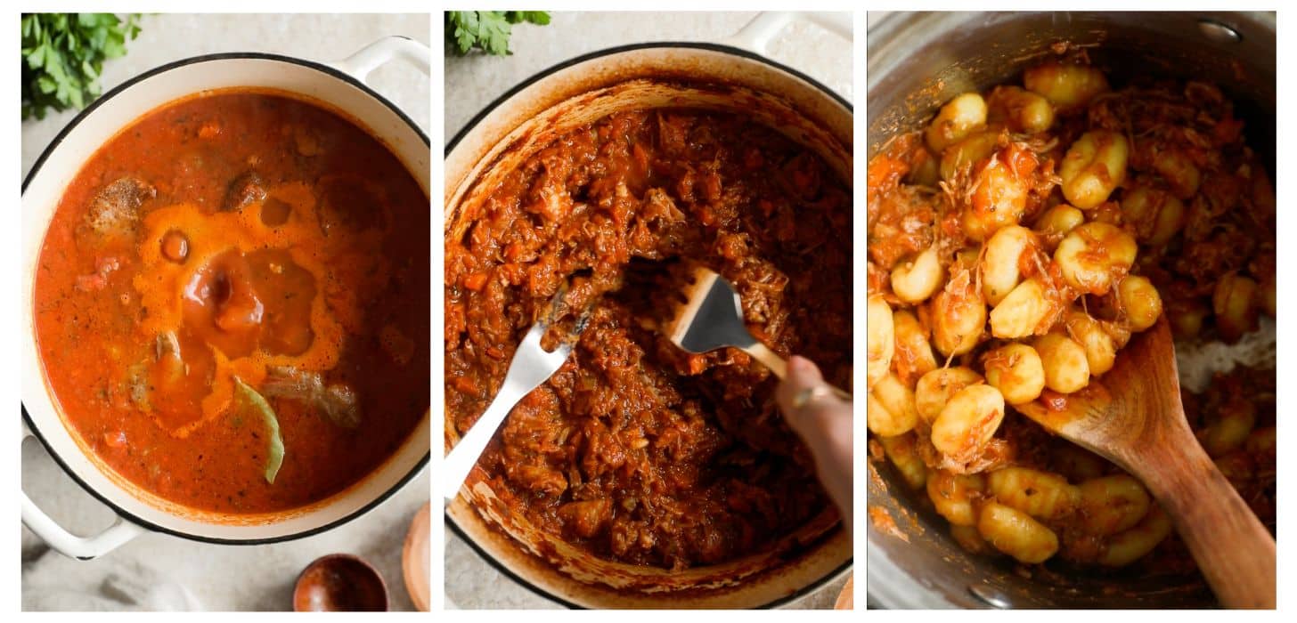 Three steps to making gnocchi al ragu. In photo 1, tomato sauce boils in a white pot on a beige table next to parsley. In photo 2, hands shred pork in the sauce. In photo 3, the sauce is being mixed with gnocchi.