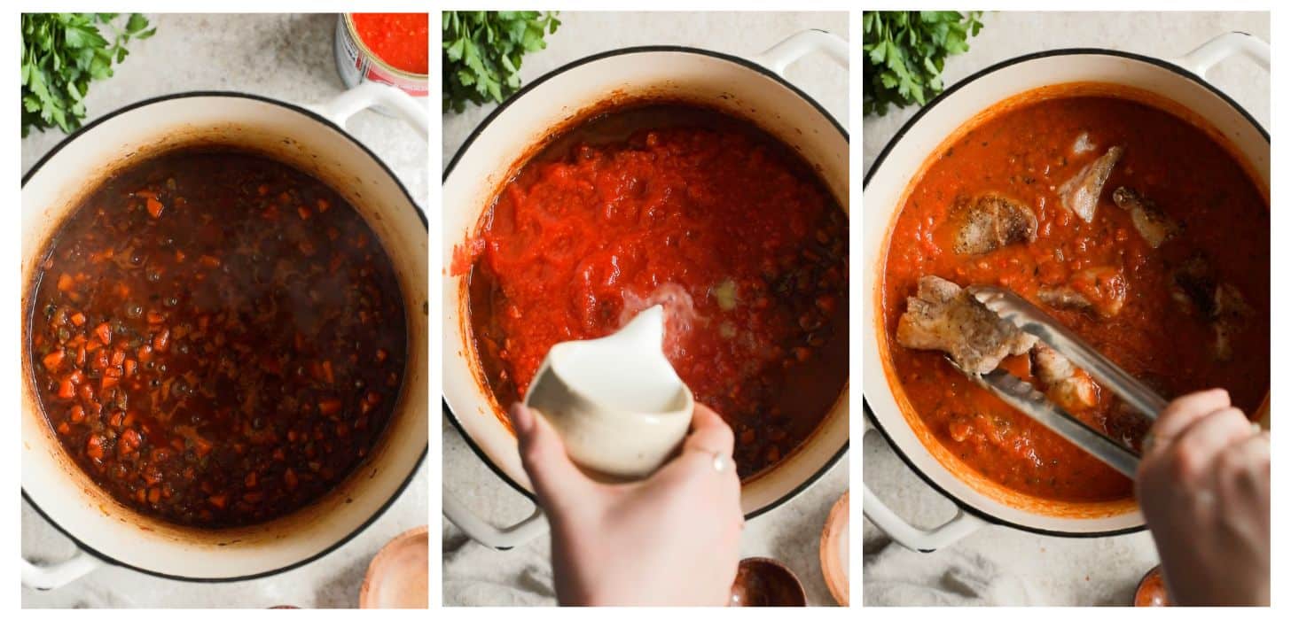 Three steps to making tomato sauce. In photo 1, a white pot is filled with veggies and red wine on a beige counter next to parsley and a can of tomatoes. In photo 2, a hand is pouring milk and tomatoes into the pot. In photo 3, a hand places meat into the pot.