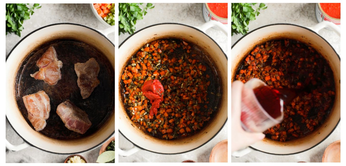 Three steps to searing meat and veggies. In photo 1, pork shoulder is searing in a white pot on a beige counter next to a white bowl of veggies and parsley. In photo 2, the pot is filled with carrots, celery, onions, and tomato paste. In photo 3, a hand is pouring red wine into the veggies.