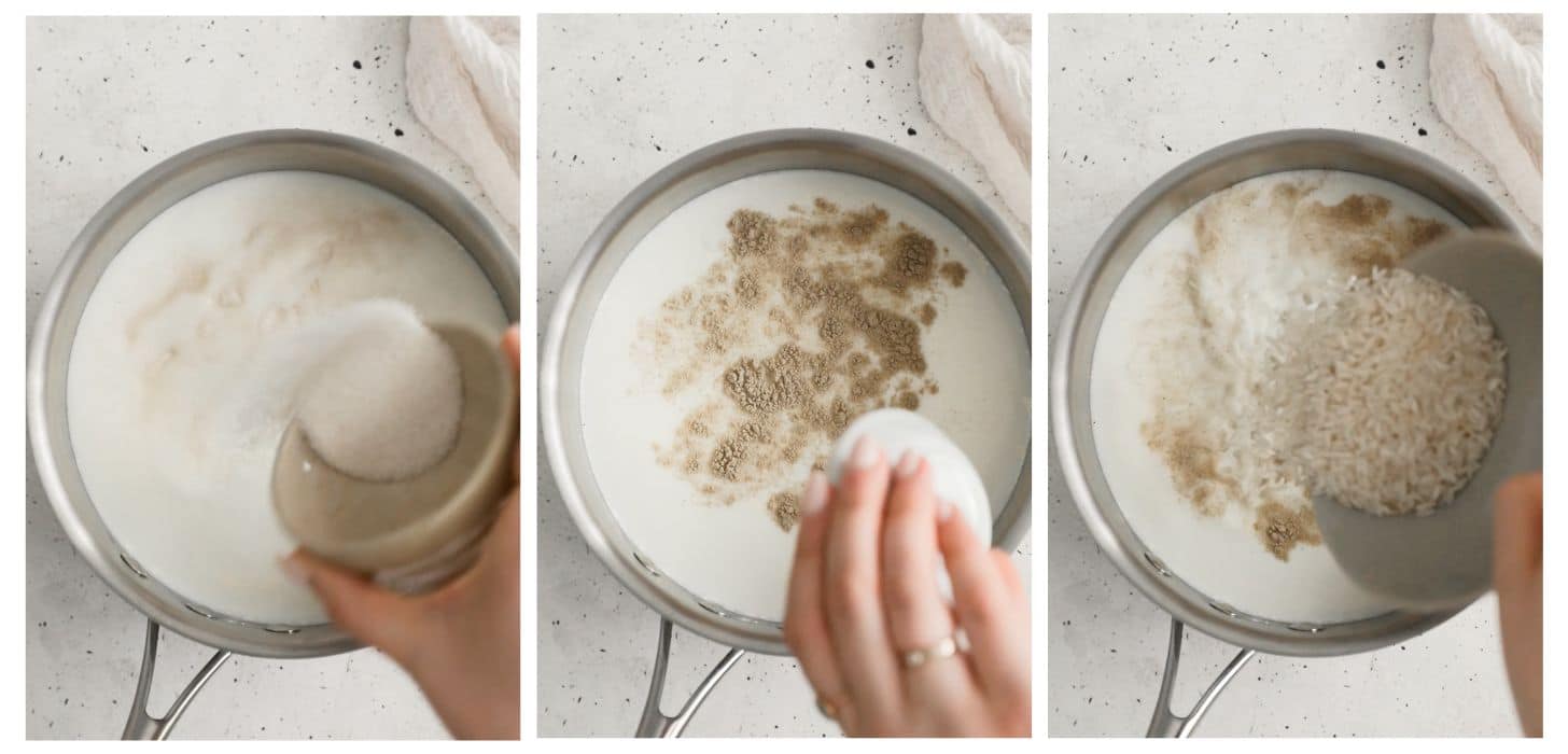 Three steps to making custard. In photo 1, a hand is pouring sugar into a pot of milk on a white counter. In photo 2, the hand is pouring spices into the milk. In photo 3, a hand is pouring rice into the milk.