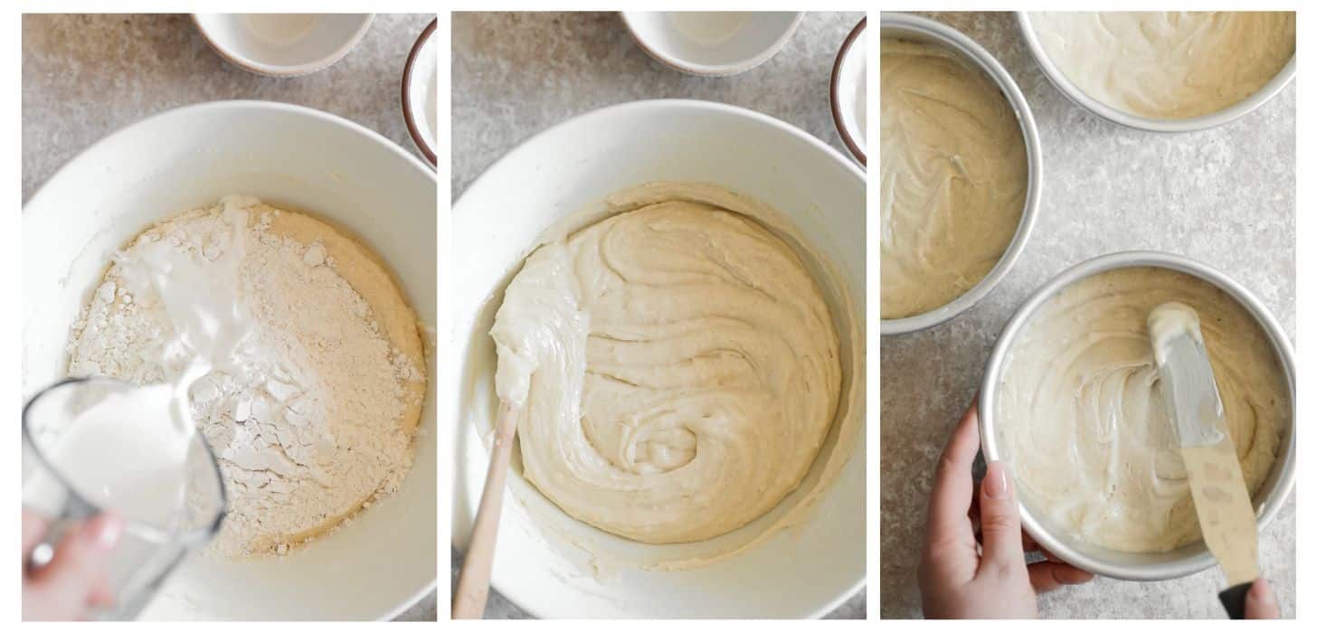 Three steps to making cake batter; in photo 1, a hand is pouring milk into a white bowl of cake batter on a beige counter. In photo 2, a hand is mixing the batter. In photo 3, a hand is spreading the batter in a cake pan.