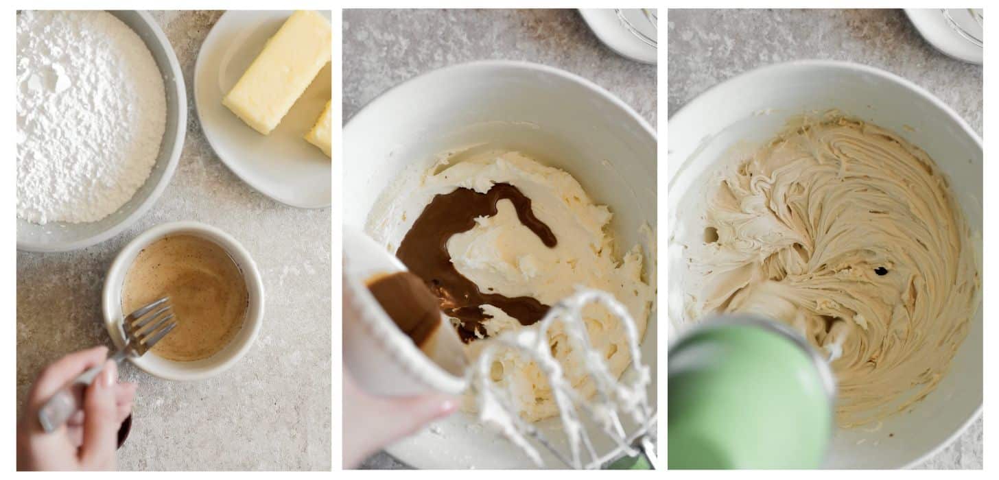 Three steps to making coffee buttercream; in photo 1, a hand whisks instant coffee and milk in a white bowl on a beige counter next to white bowls of butter and powdered sugar. In photo 2, a hand pours the coffee mixture into a white bowl of frosting. In photo 3, a green mixer whips the frosting.