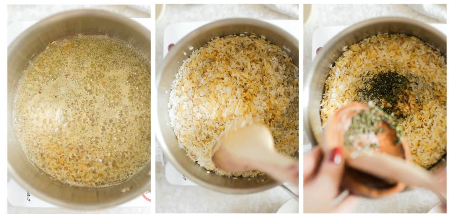 Three images of making rice pilaf; in photo 1, melted butter and shallots cook in a silver pot. In photo 2, a spoon mixes orzo and rice. In photo 3, a hand adds rosemary, thyme, and garlic to the pot.