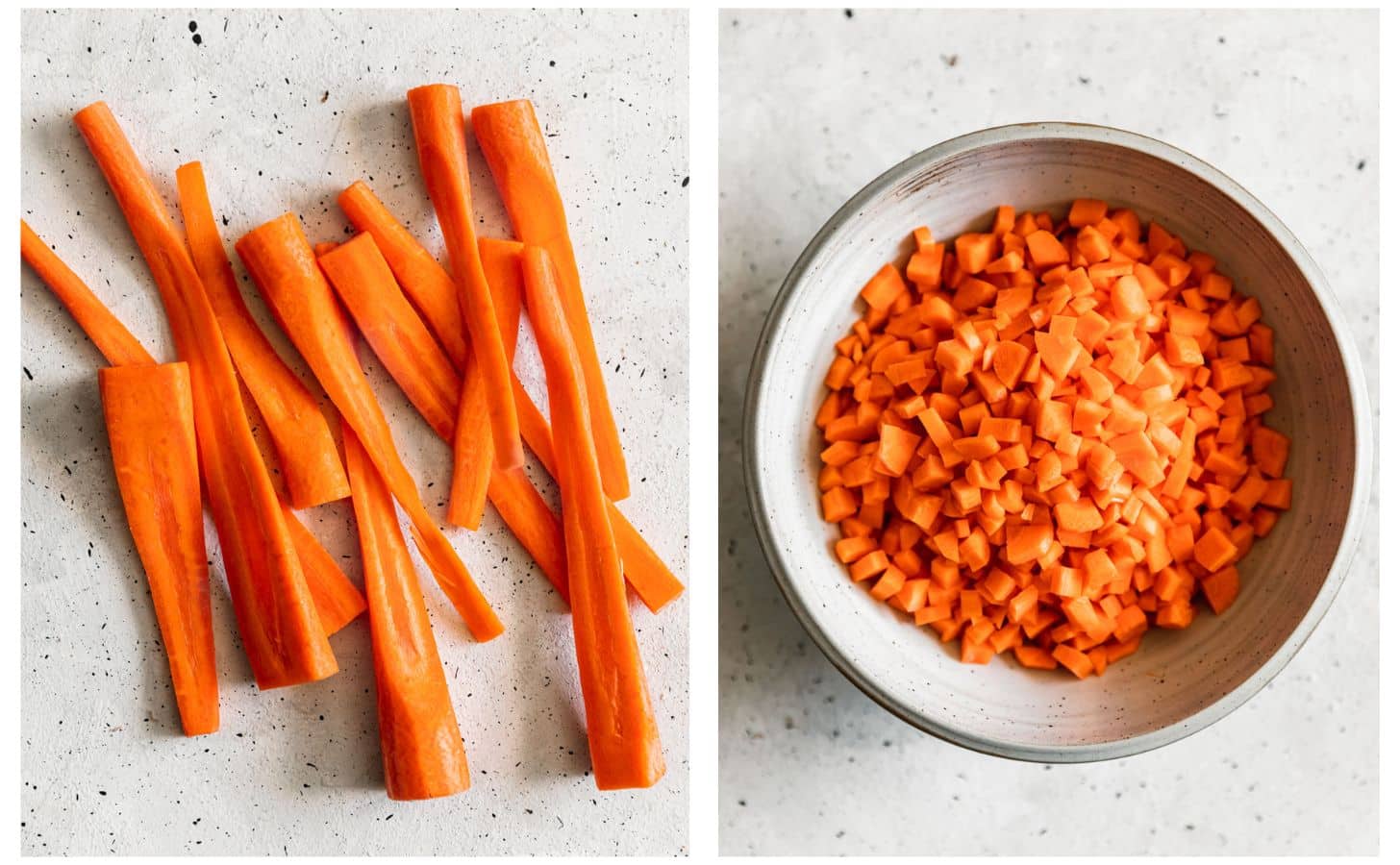 Two images of carrots; on the left, a pile of carrot sticks on a white counter. On the right, a white bowl of diced carrots on a white counter.