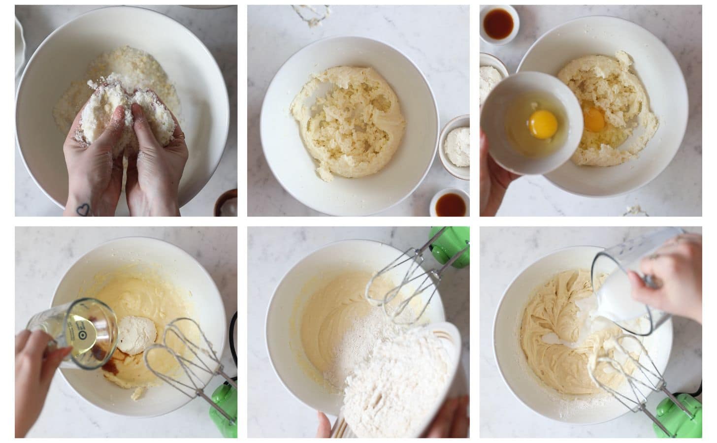 Six images making lemon ricotta layer cake; in image 1, two hands rub sugar and lemon zest in a white bowl on a marble counter. In image 2, the white bowl has creamed butter and sugar. In image 3, a hand pours eggs into the butter and sugar mixture. In image 4, a hand pours oil into the bowl with ricotta and vanilla extract. In photo 5, the hands add flour from a white bowl to the batter. In photo 6, a hand pours milk into the batter.