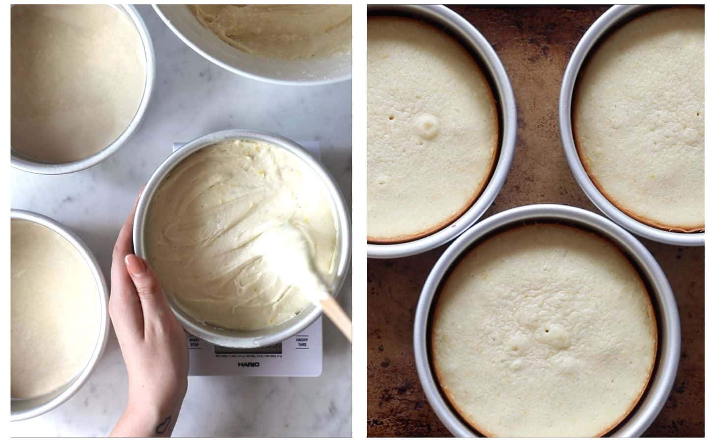 Two images making strawberry lemon layer cake; in photo 1, a hand uses a white rubber spatula to spread batter in a round cake pan on a white counter next to two more cake pans. In photo 2, three cake pans with baked cakes on a gold sheet pan.