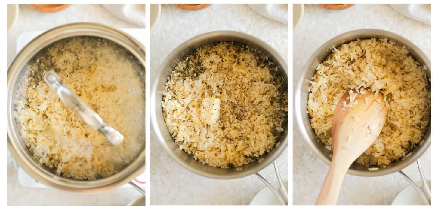 Three images of making rice; in photo 1, a pot is filled with rice. In photo 2, the rice has butter, salt, and pepper on top. In photo 3, a wood spoon fluffs the rice.