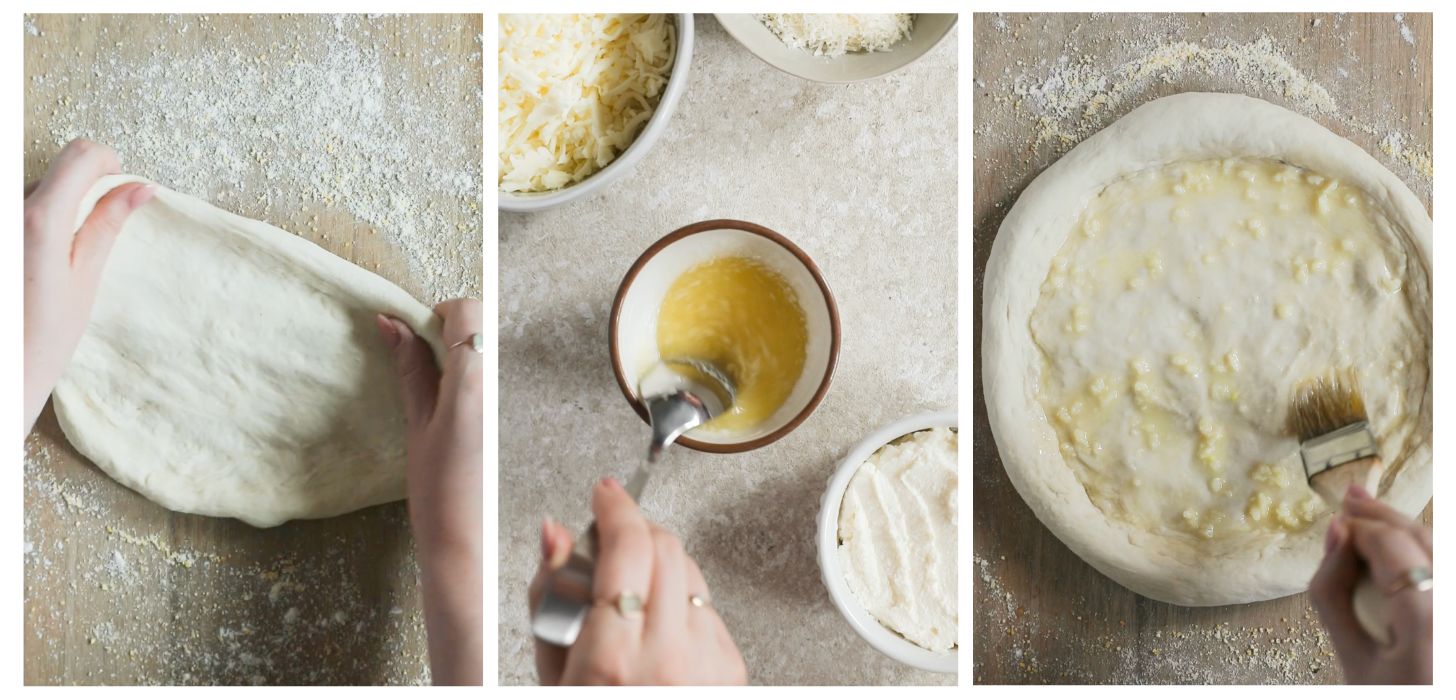 Three steps to making pizza; in photo 1, hands stretch pizza dough on a floured wood board. In photo 2, a hand mixes garlic butter in a white bowl on a beige counter next to three white bowls of cheese. In photo 3, a hand brushes garlic butter on pizza dough on a wood board.