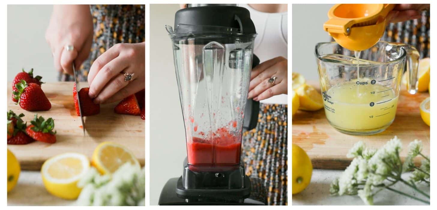 Three steps to preparing vodka strawberry lemonade. In photo 1, hands slice strawberries on a wood cutting board next to lemons. In photo 2, a woman blends the strawberries in a blender. In photo 3, a citrus press juices lemons into a liquid measuring glass on a wood board.