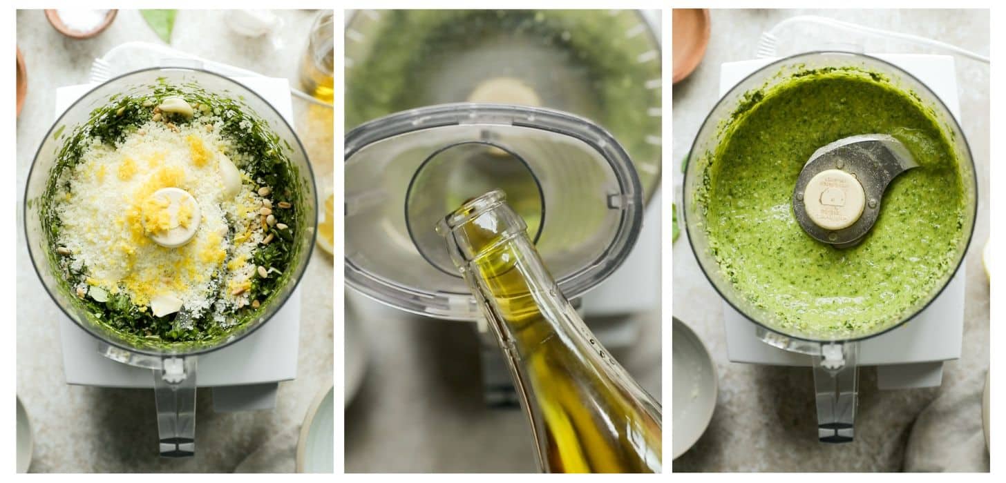 Three prep photos; in photo 1, a food processor with basil, garlic, pine nuts, parmesan, and lemon zest is on a beige counter next to wood bowls. In photo 2, olive oil is being poured into the food processor. In photo 3, green sauce in a food processor bowl on a beige counter.