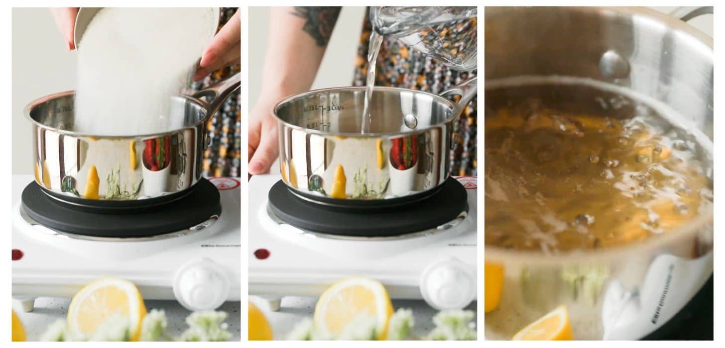 Three steps to making simple syrup. In photo one, hands pour sugar into a pot on a white stovetop next to lemons. In photo 2, the hands are pouring water into the pot. In photo 3, simple syrup bubbles in a silver pot.