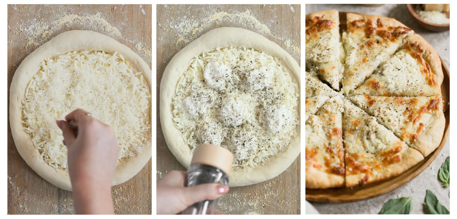 Three steps to making cacio e pepe flatbread; in photo 1, a hand sprinkles Parmesan and mozzarella on pizza dough placed on a wood board. In photo 2, hands grind pepper over the pizza. In photo 3, the pizza is baked and placed on a wood board next to basil and a wood bowl of Parmesan with a beige background.