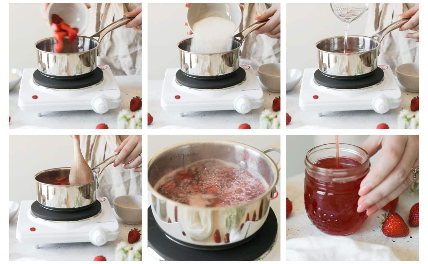 Six images making strawberry simple syrup. In photo 1, a woman's hands pour strawberries into a pot on a white counter next to strawberries and white flowers. In photo 2, the hands pour sugar into the pot. In photo 3, the hands pour water into the pot. In photo 4, the woman is stirring the syrup. In photo 5, the syrup is boiling. In photo 6, the woman is pouring the syrup into a jar.
