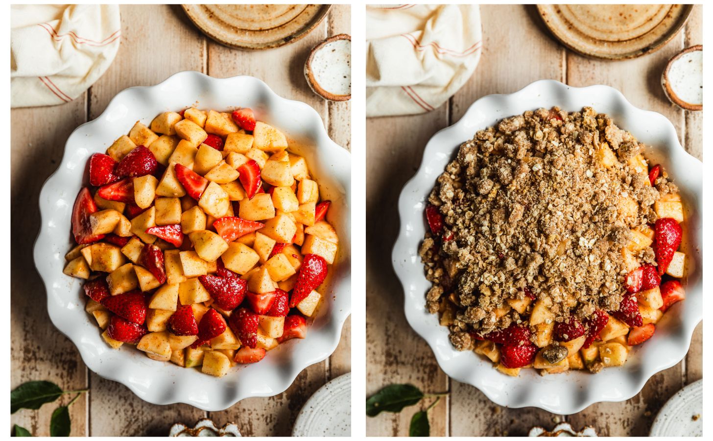 Two images making strawberry apple crisp. In photo 1, a white pie plate is filled with strawberry and apple filling on a wood table next to brown and white bowls. In photo 2, the filling is topped with streusel.