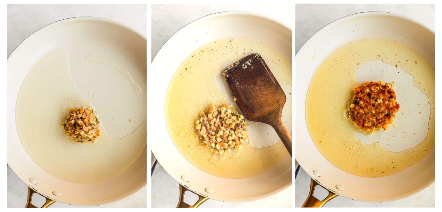 Three photos frying corn cakes. In photo 1, a ball of batter in a white pan of oil. In photo 2, a spatula presses the corn cake flat. In photo 3, the corn cake is crispy and browned.