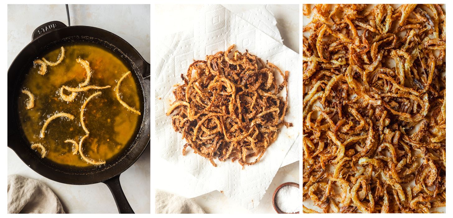 Three images making frizzled onions. In photo 1, onions fry in a black pan on a tan counter. In photo 2, the onions drain on paper towels. In photo 3, a closeup of the fried onions.